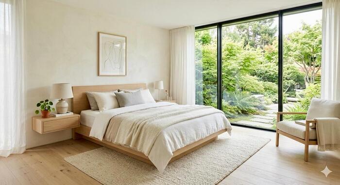 chambre-serenite-feng-shui-geneve-energie-fluide Chambre à coucher lumineuse et moderne, esprit Feng Shui pour le repos.