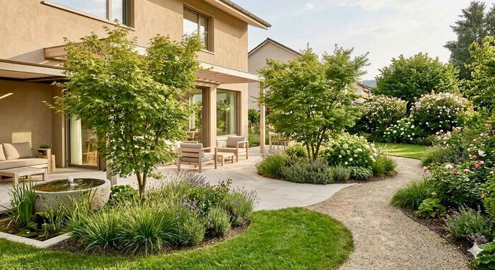 menagement-jardin-feng-shui-vaud-geneve-energie-fluide Jardin paysager Feng Shui harmonieux d'une maison en Suisse romande.