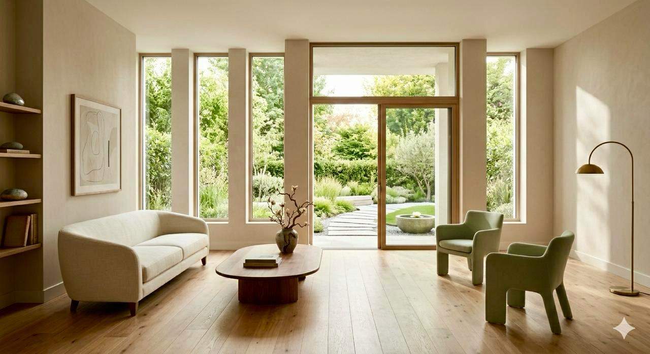 salon-feng-shui-epure-suisse-energie-fluide Entrée de maison épurée et lumineuse, design Feng Shui traditionnel.
