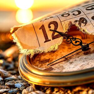 Horloge ancienne dorée et calendrier déchiré symbolisant la sélection de dates Feng Shui pour choisir le moment idéal